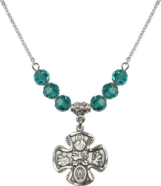 18" Rhodium Plated Necklace with 4mm Zircon Crystal Beads featuring a Sterling Silver 5-Way Medal.