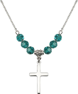 18" Rhodium Plated Necklace with 4mm Zircon Crystal Beads featuring a Sterling Silver Cross Medal.