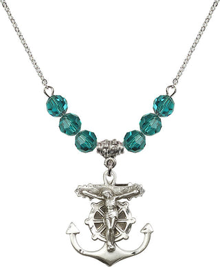18" Rhodium Plated Necklace with 4mm Zircon Crystal Beads featuring a Sterling Silver Anchor Crucifix Medal.