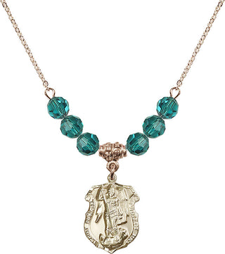 18" Hamilton Gold Plated Necklace with 4mm Zircon Crystal Beads featuring a 14kt Gold Filled Saint Michael the Archangel Medal. Engraved Catholic Saint Jewelry