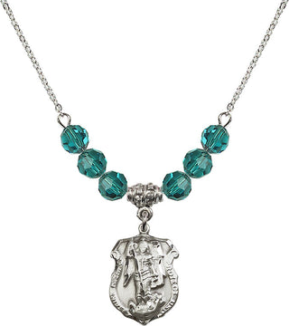 18" Rhodium Plated Necklace with 4mm Zircon Crystal Beads featuring a Sterling Silver Saint Michael the Archangel Medal. Engraved Catholic Saint Jewelry
