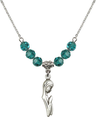 18" Rhodium Plated Necklace with 4mm Zircon Crystal Beads featuring a Sterling Silver Madonna Medal.