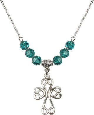 18" Rhodium Plated Necklace with 4mm Zircon Crystal Beads featuring a Sterling Silver Scroll Cross Medal.
