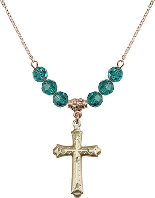 18" Hamilton Gold Plated Necklace with 4mm Zircon Crystal Beads featuring a 14kt Gold Filled Cross Medal. Engraved Catholic Saint Jewelry