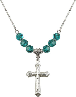 18" Rhodium Plated Necklace with 4mm Zircon Crystal Beads featuring a Sterling Silver Cross Medal. Engraved Catholic Saint Jewelry