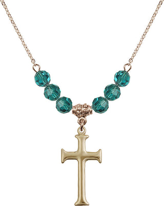 18" Hamilton Gold Plated Necklace with 4mm Zircon Crystal Beads featuring a 14kt Gold Filled Cross Medal. Engraved Catholic Saint Jewelry