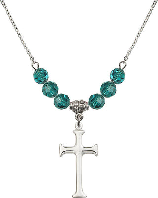 18" Rhodium Plated Necklace with 4mm Zircon Crystal Beads featuring a Sterling Silver Cross Medal. Engraved Catholic Saint Jewelry