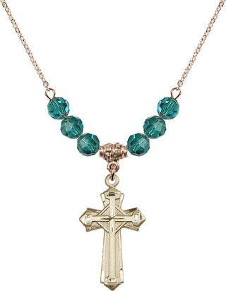 18" Hamilton Gold Plated Necklace with 4mm Zircon Crystal Beads featuring a 14kt Gold Filled Cross Medal. Engraved Catholic Saint Jewelry