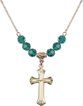 18" Hamilton Gold Plated Necklace with 4mm Zircon Crystal Beads featuring a 14kt Gold Filled Cross Medal. Engraved Catholic Saint Jewelry