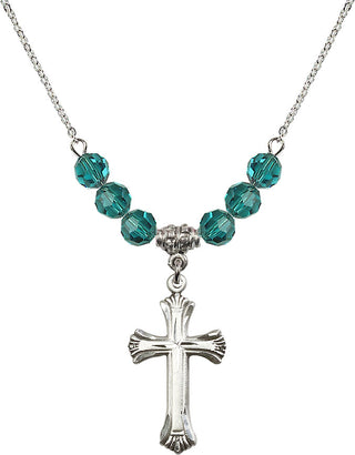 18" Rhodium Plated Necklace with 4mm Zircon Crystal Beads featuring a Sterling Silver Cross Medal. Engraved Catholic Saint Jewelry
