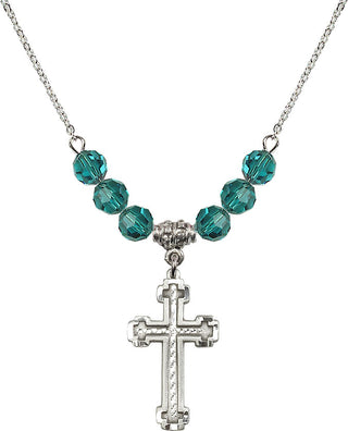 18" Rhodium Plated Necklace with 4mm Zircon Crystal Beads featuring a Sterling Silver Cross Medal.