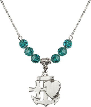 18" Rhodium Plated Necklace with 4mm Zircon Crystal Beads featuring a Sterling Silver Faith, Hope & Charity Medal.