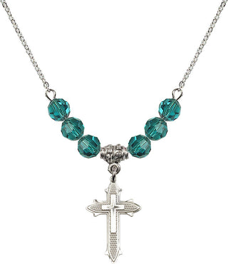 18" Rhodium Plated Necklace with 4mm Zircon Crystal Beads featuring a Sterling Silver Cross on Cross Medal. Engraved Catholic Saint Jewelry