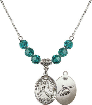 18" Rhodium Plated Necklace with 4mm Zircon Crystal Beads featuring a Sterling Silver Saint Joseph of Cupertino/Heleco Medal.
