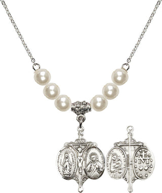 18" Rhodium Plated Necklace with 6mm Faux-Pearl Beads featuring a Sterling Silver Novena Medal.