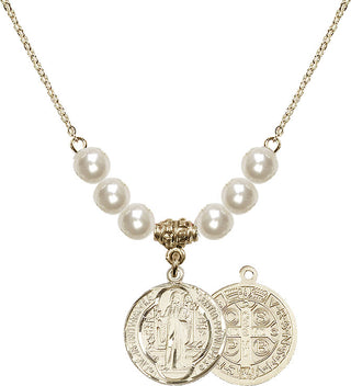 18" Hamilton Gold Plated Necklace with 6mm Faux-Pearl Beads featuring a 14kt Gold Filled Saint Benedict Medal.