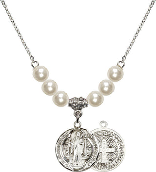 18" Rhodium Plated Necklace with 6mm Faux-Pearl Beads featuring a Sterling Silver Saint Benedict Medal.