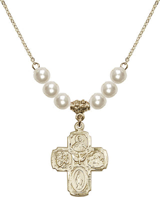 18" Hamilton Gold Plated Necklace with 6mm Faux-Pearl Beads featuring a 14kt Gold Filled 5-Way Medal.