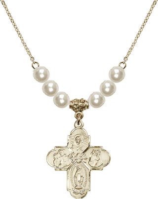 18" Hamilton Gold Plated Necklace with 6mm Faux-Pearl Beads featuring a 14kt Gold Filled 4-Way Medal.