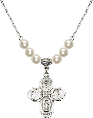 18" Rhodium Plated Necklace with 6mm Faux-Pearl Beads featuring a Sterling Silver 4-Way Medal.