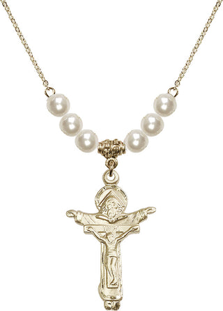 18" Hamilton Gold Plated Necklace with 6mm Faux-Pearl Beads featuring a 14kt Gold Filled Trinity Crucifix Medal.