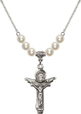 18" Rhodium Plated Necklace with 6mm Faux-Pearl Beads featuring a Sterling Silver Trinity Crucifix Medal.