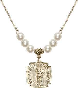 18" Hamilton Gold Plated Necklace with 6mm Faux-Pearl Beads featuring a 14kt Gold Filled Saint Florian Medal. Engraved Catholic Saint Jewelry