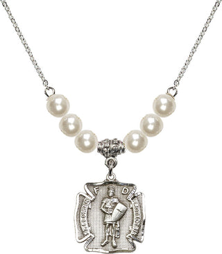 18" Rhodium Plated Necklace with 6mm Faux-Pearl Beads featuring a Sterling Silver Saint Florian Medal. Engraved Catholic Saint Jewelry