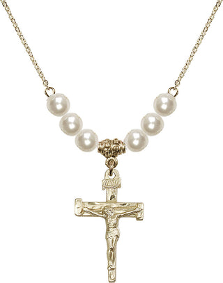 18" Hamilton Gold Plated Necklace with 6mm Faux-Pearl Beads featuring a 14kt Gold Filled Nail Crucifix Medal.