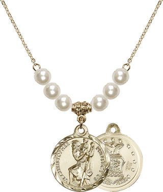 18" Hamilton Gold Plated Necklace with 6mm Faux-Pearl Beads featuring a 14kt Gold Filled Saint Christopher / Air Force Medal.