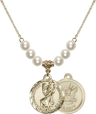 18" Hamilton Gold Plated Necklace with 6mm Faux-Pearl Beads featuring a 14kt Gold Filled Saint Christopher / Navy Medal.