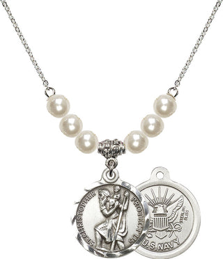 18" Rhodium Plated Necklace with 6mm Faux-Pearl Beads featuring a Sterling Silver Saint Christopher / Navy Medal.