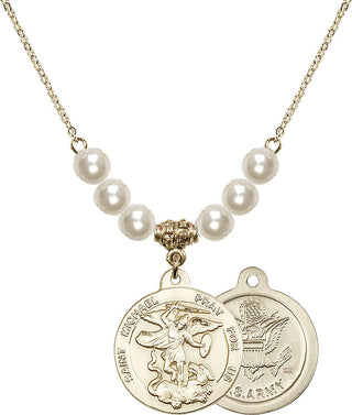 18" Hamilton Gold Plated Necklace with 6mm Faux-Pearl Beads featuring a 14kt Gold Filled Saint Michael / Army Medal.
