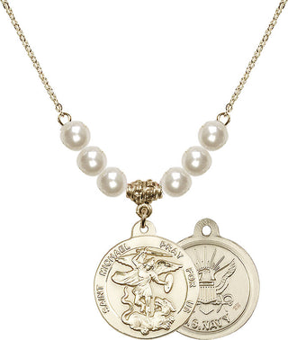 18" Hamilton Gold Plated Necklace with 6mm Faux-Pearl Beads featuring a 14kt Gold Filled Saint Michael / Navy Medal.