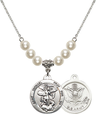 18" Rhodium Plated Necklace with 6mm Faux-Pearl Beads featuring a Sterling Silver Saint Michael / Army Medal.