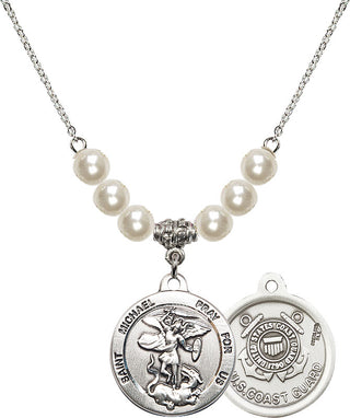 18" Rhodium Plated Necklace with 6mm Faux-Pearl Beads featuring a Sterling Silver Saint Michael / Coast Guard Medal.
