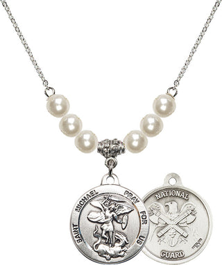 18" Rhodium Plated Necklace with 6mm Faux-Pearl Beads featuring a Sterling Silver Saint Michael / Nat'l Guard Medal.