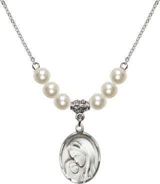 18" Rhodium Plated Necklace with 6mm Faux-Pearl Beads featuring a Sterling Silver Madonna & Child Medal.