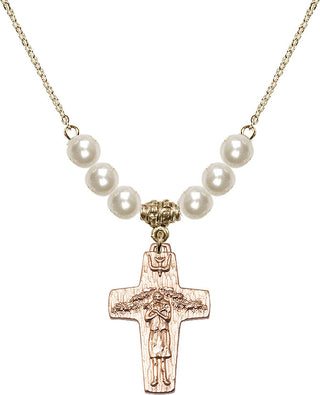 18" Hamilton Gold Plated Necklace with 6mm Faux-Pearl Beads featuring a 14kt Gold Filled Papal Crucifix Medal.