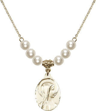 18" Hamilton Gold Plated Necklace with 6mm Faux-Pearl Beads featuring a 14kt Gold Filled Sorrowful Mother Medal.