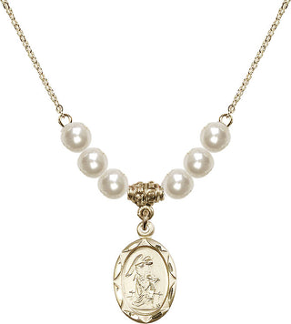 18" Hamilton Gold Plated Necklace with 6mm Faux-Pearl Beads featuring a 14kt Gold Filled Guardian Angel Medal. Engraved Catholic Saint Jewelry