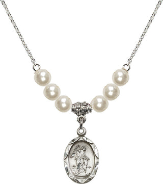 18" Rhodium Plated Necklace with 6mm Faux-Pearl Beads featuring a Sterling Silver Guardian Angel Medal. Engraved Catholic Saint Jewelry