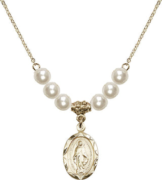 18" Hamilton Gold Plated Necklace with 6mm Faux-Pearl Beads featuring a 14kt Gold Filled Miraculous Medal.
