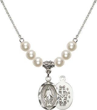 18" Rhodium Plated Necklace with 6mm Faux-Pearl Beads featuring a Sterling Silver Miraculous Medal.