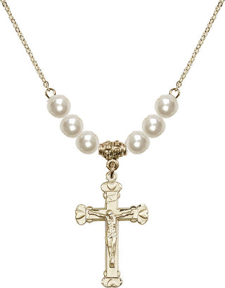 18" Hamilton Gold Plated Necklace with 6mm Faux-Pearl Beads featuring a 14kt Gold Filled Crucifix Medal.