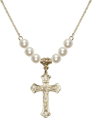 18" Hamilton Gold Plated Necklace with 6mm Faux-Pearl Beads featuring a 14kt Gold Filled Crucifix Medal.