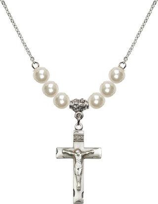 18" Rhodium Plated Necklace with 6mm Faux-Pearl Beads featuring a Sterling Silver Crucifix Medal.