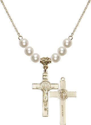 18" Hamilton Gold Plated Necklace with 6mm Faux-Pearl Beads featuring a 14kt Gold Filled Saint Benedict Crucifix Medal.