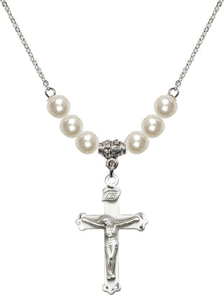 18" Rhodium Plated Necklace with 6mm Faux-Pearl Beads featuring a Sterling Silver Crucifix Medal.