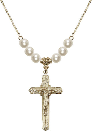 18" Hamilton Gold Plated Necklace with 6mm Faux-Pearl Beads featuring a 14kt Gold Filled Crucifix Medal.